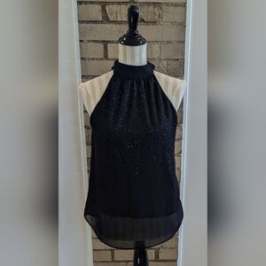 BCX Women's Sparkly Black Top with Bow Detail on Back of Neck